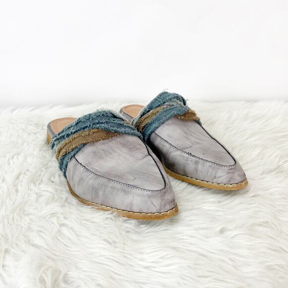 Mi.im 8.5 Womens Gray Leather Distressed Denim Strap Mule Slide Flats - Picture 1 of 11